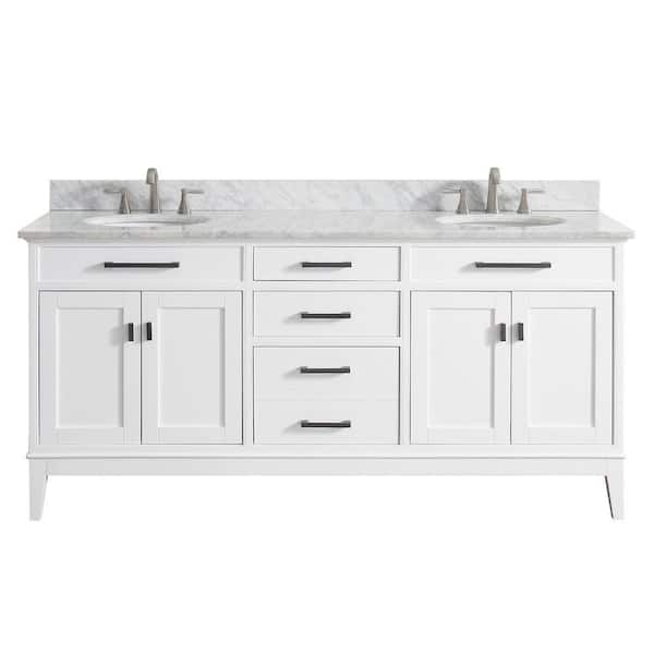 Madison 73 in. Double Sink White Bath Vanity with Carrara White Marble Top