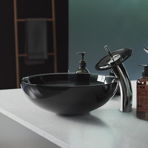 Swiss Madison Cascade Black Round Glass Vessel Sink with Cascade Faucet