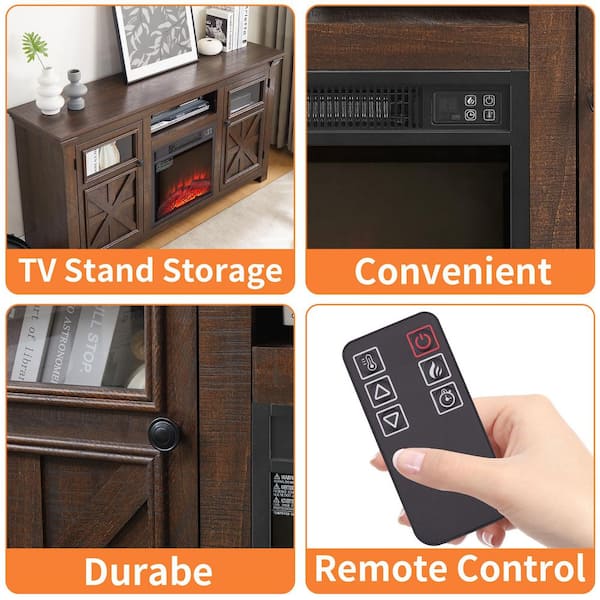 60.23 in. Freestanding TV Stand with 18 in. Fireplace Insert, Espresso Farmhouse Barn Design 2 Doors Adjustable Shelves