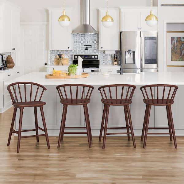 LUE BONA Winson Windsor 24 in.Walunt Solid Wood Bar Stool for Kitchen Island Counter Stool with Spindle Back Set of 4