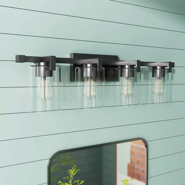 LANSEKI Salvirola 32 in. Modern 4-Light Matte Black Dimmable Vanity Light with Clear Glass Shade