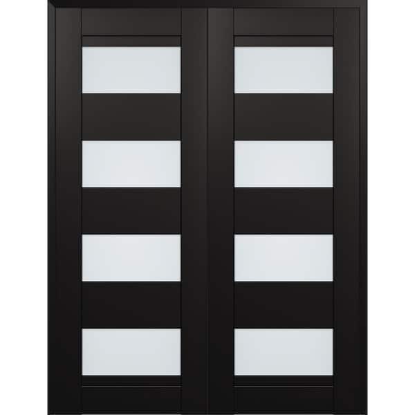 Della N 56 in. x 96 in. Both Hands Active 4-Lite Frosted Glass Black Matte Wood Composite Double Prehung French Door