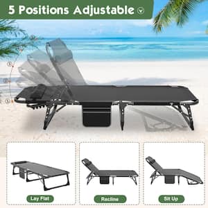 Folding Camping Cot for Adults, Adjustable 4-Position Reclining Folding Chaise Lounge Chair, Dark Black
