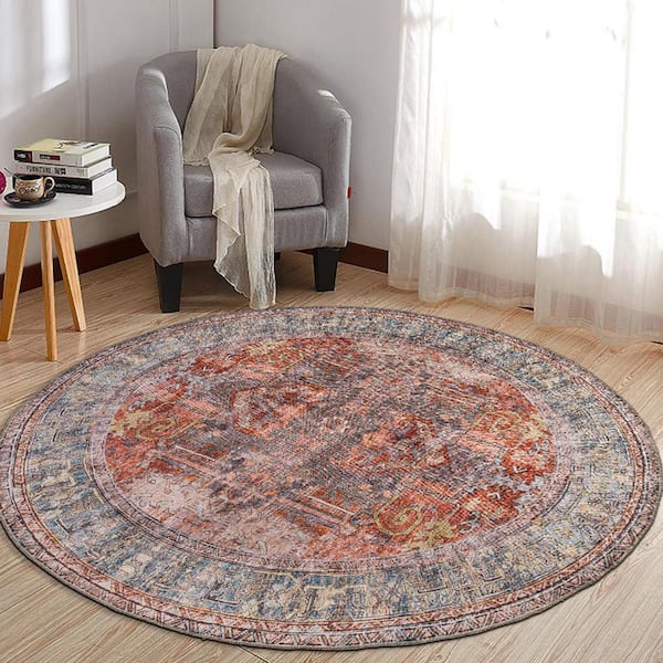 Vintage Inspired Distressed Machine Washable Multi 8 ft. ROUND Area Rug
