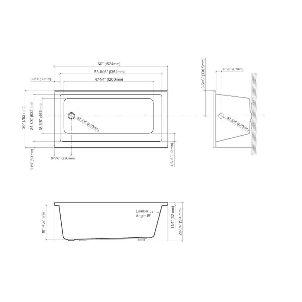 Ursula 60'' x 30'' White Acrylic Alcove Bathtub