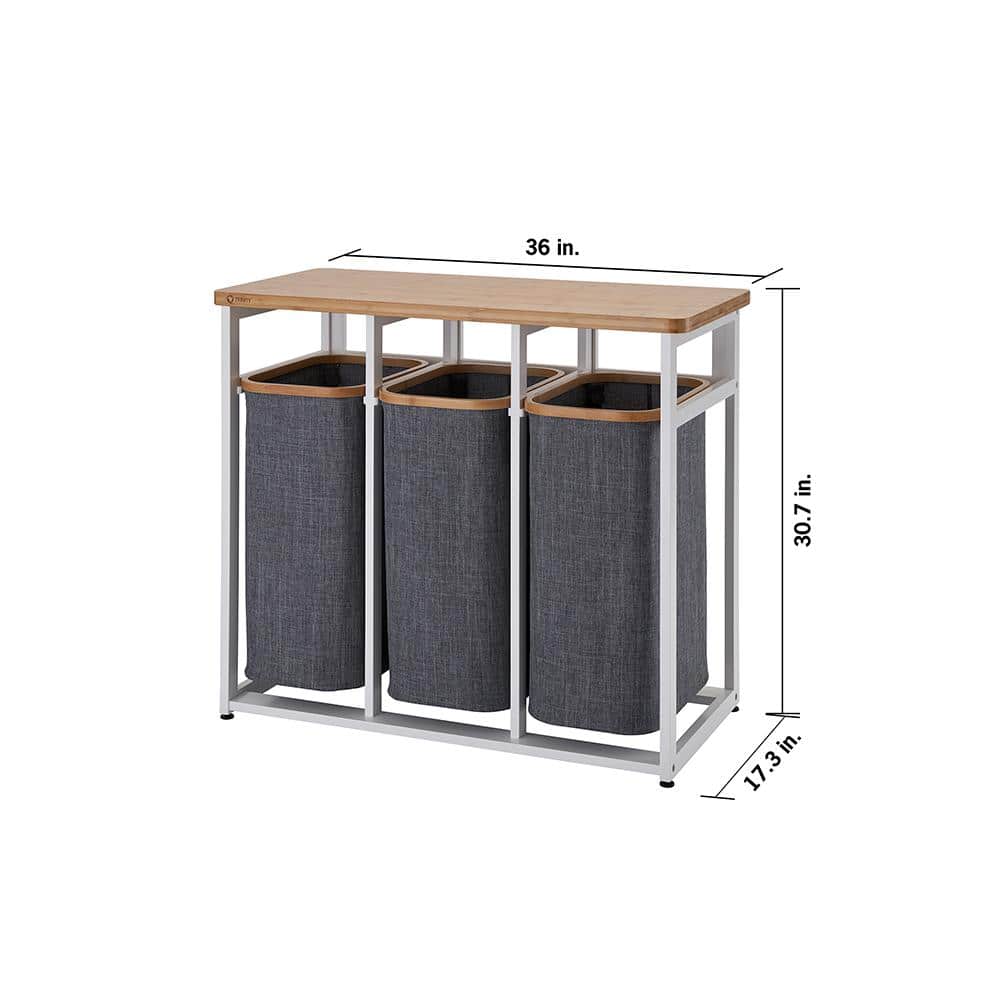 White Bamboo and Gray Polyester Collapsible Laundry Sorter