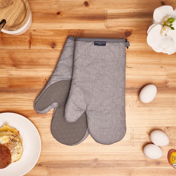 Grey 100% Cotton Oven Mitts With Silicone Palm (Set of 2)