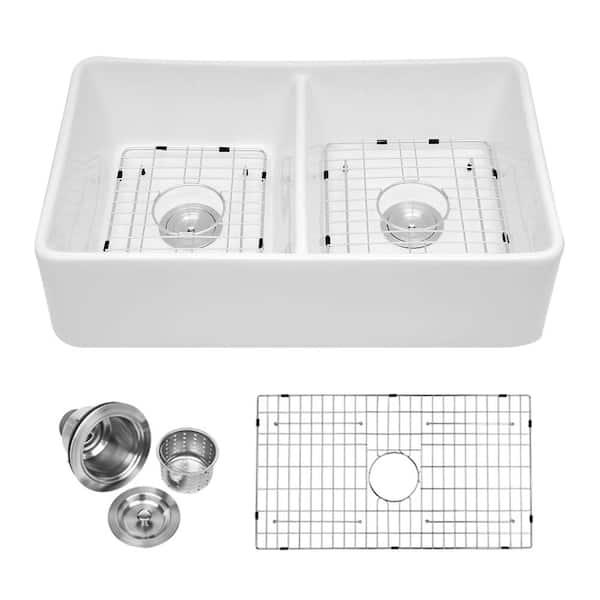 LORDEAR White Fireclay 32 in. Double Bowl Farmhouse Apron Front Kitchen Sink