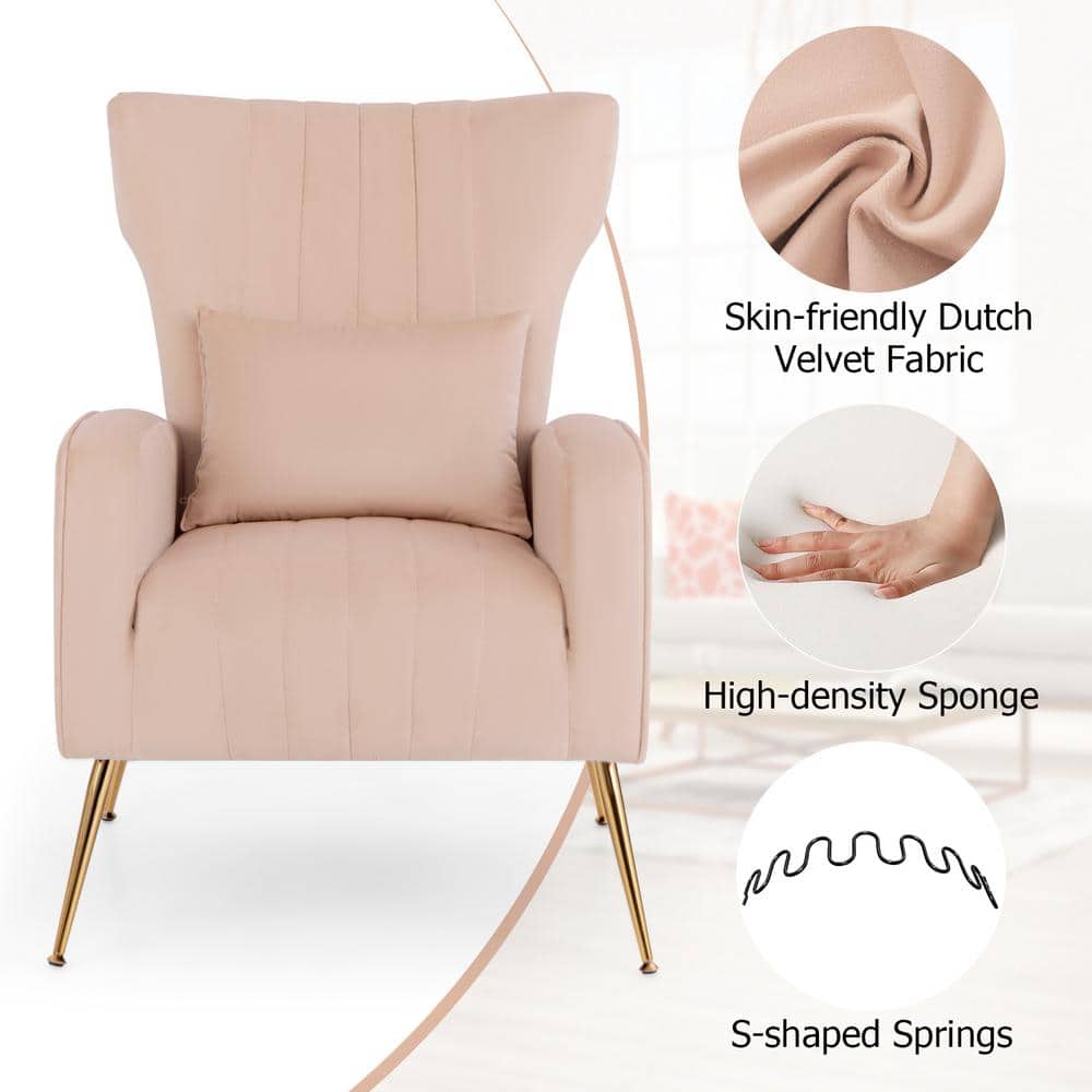 Pink Velvet Wingback Accent Chair with Gold Metal Legs