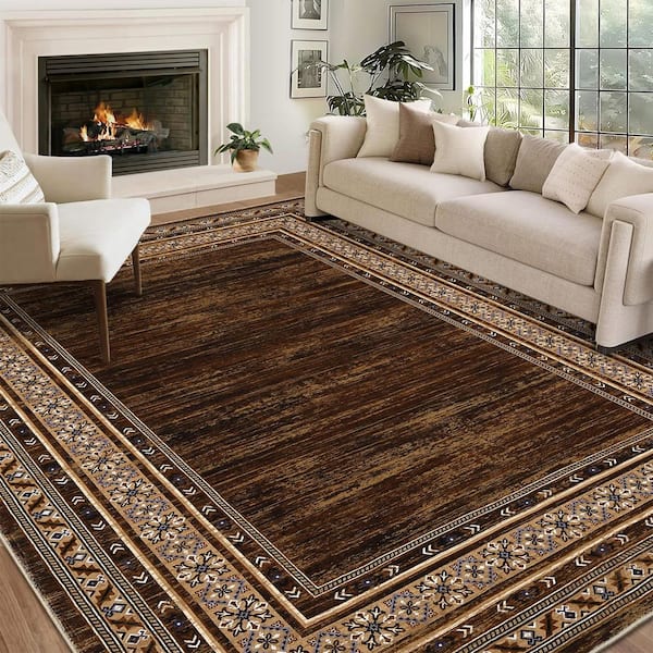 Red‑Brown 5 ft. x 7 ft. Washable Bordered Area Rug, Low‑Pile Non‑Slip Stain‑Resistant Carpet for Living Room, Bedroom