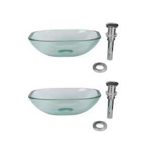 Tempered Glass Vessel Sink with Drain, Clear Square Mini Bowl Sink Set of 2
