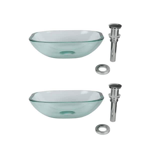 RENOVATORS SUPPLY MANUFACTURING Tempered Glass Vessel Sink with Drain, Clear Square Mini Bowl Sink Set of 2