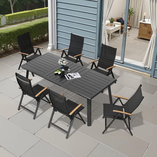 7-Piece Aluminum Outdoor Patio Dining Set, 82.7 in. Table with Umbrella Hole, and 6-Stackable Armchairs