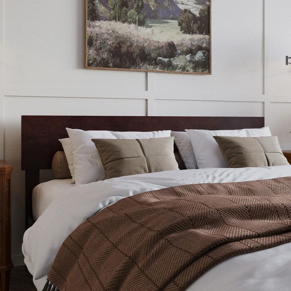 Espresso Queen Modern Wood Headboard with USB Charger