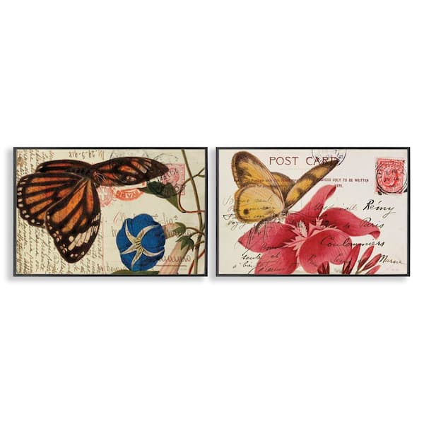 Stupell Industries Butterfly Accented Postcards by Deborah Revell 2-Pieces Black Framed Animal Giclee Art Print 20 in. x 30 in.