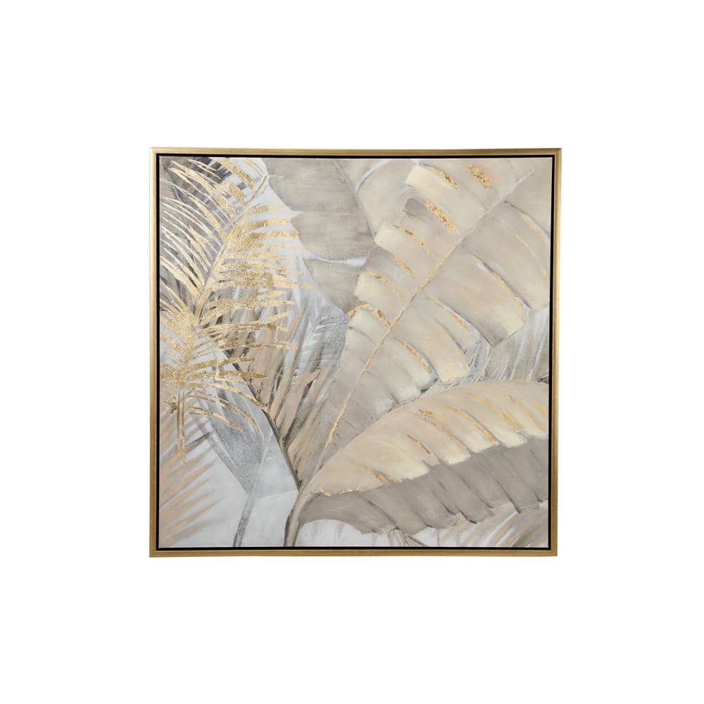 Gold and Gray Palm Leaf Framed Canvas Wall Art, 40" x 40"