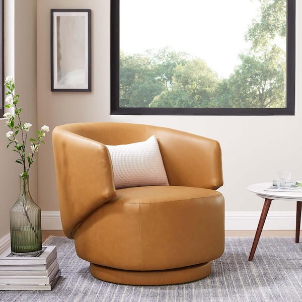 MODWAY Celestia Faux Leather Fabric and Wood Swivel Chair in Tan