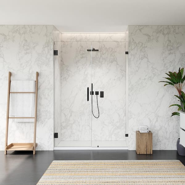 Altair Roisin 52 in. W x 74 in. H Frameless Pivot Hinged Shower Door in Matte Black Finish with Clear Glass
