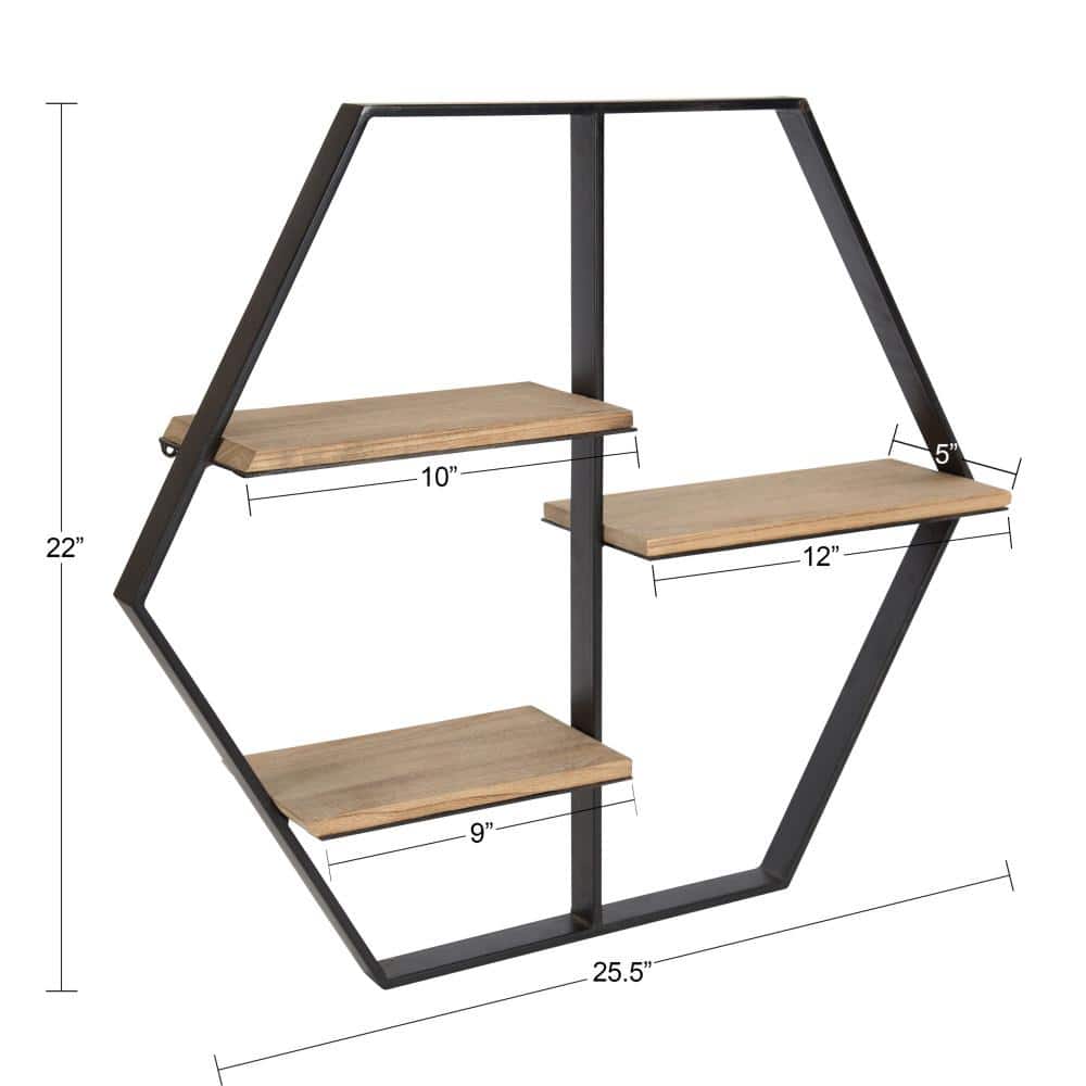 Black Hexagon Floating Wall Shelf with Wood Shelves