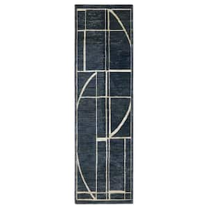 Ross Blue/Ivory 2 ft. x 8 ft. Geometric Lines Polypropylene/Polyester Fringed Indoor Runner Area Rug