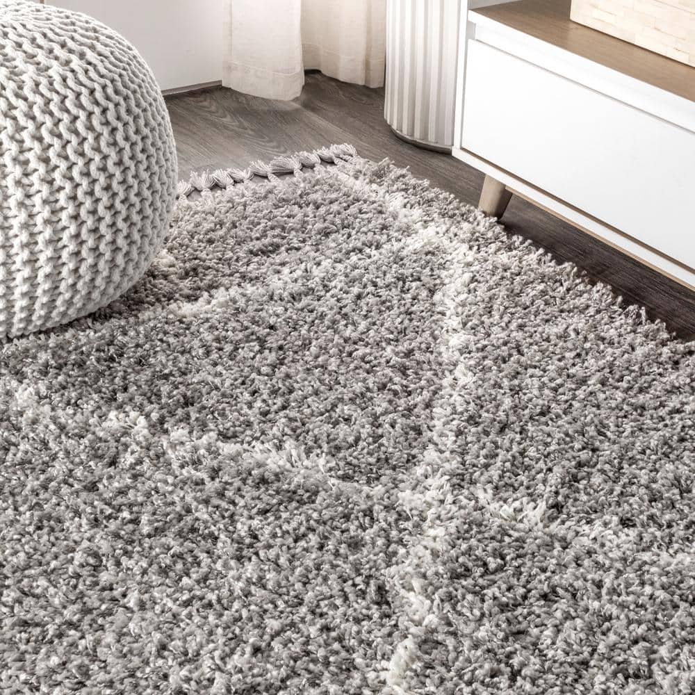 Reversible Grey/Cream Moroccan Trellis Shag Rug 4' x 6'