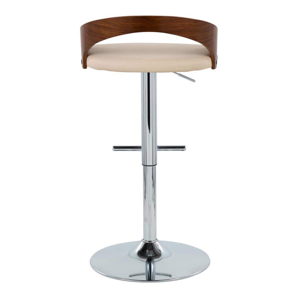 Walnut and Chrome Adjustable Swivel Barstools with Beige Upholstery