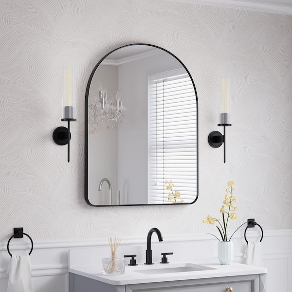 BELLA 28 in. W x 36 in. H Arch Anodized Aluminum Framed Bathroom Vanity Mirror in Matte Black