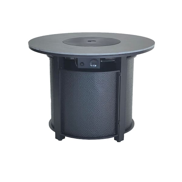 36in Round Outdoor Gas Fire Pit Table with Sintered Stone Top and Hammered Patterned Metal Base