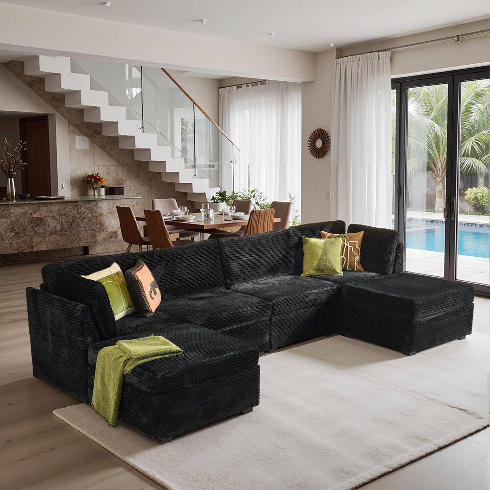 CORNY 130 in. Wide 6-Piece Modern Deep Seat Corduroy U-Shape Modular Sectional Sofa Couch in Black with Ottomans price history on PriceWatchPro