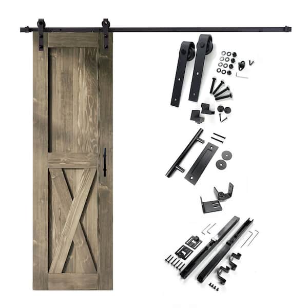 HOMACER 28 in. x 84 in. X-Frame Classic Gray Solid Pine Wood Interior Sliding Barn Door with Hardware Kit, Non-Bypass