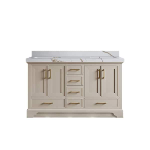 Willow Collections Charlotte 60 in. Double Sink Freestanding Fine Grain Bath Vanity with Calacatta Gold Qt. Top Unassembled