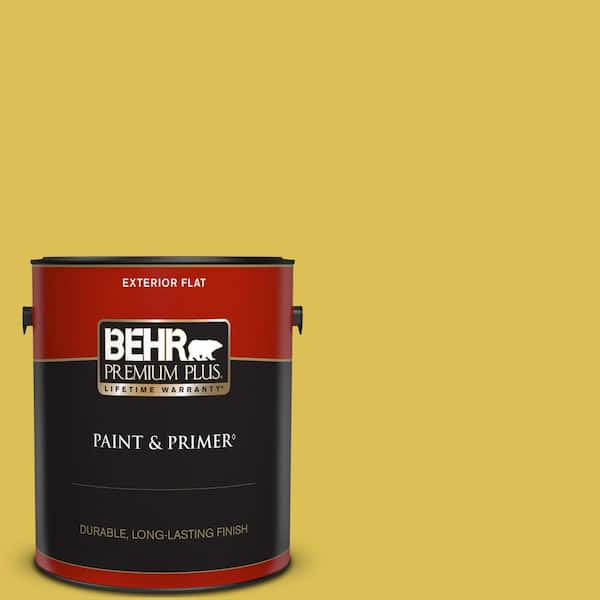 BEHR PREMIUM PLUS 1 gal. #P320-6 Sulfur Yellow Flat Exterior Paint & Primer
