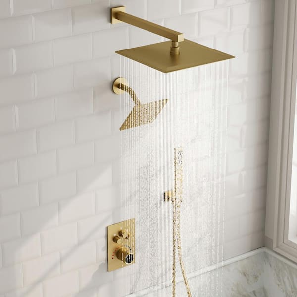 Multiple Press 12 in. Triple Handle 7-Spray Shower Faucet 2.5 GPM with Anti Scald in. Brushed Gold Valve Included