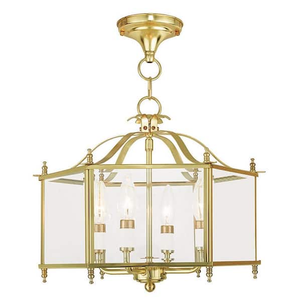 AVIANCE LIGHTING Burleson 15.5 in. 4-Light Polished Brass Convertible Pendant/Semi Flush with Clear Beveled Glass