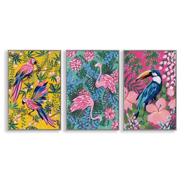Tropical Birds and Botanicals by Yvette St. Amant 3-Pieces Gray Framed Animal Giclee Art Print 18 in. x 12 in.