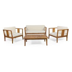 Nicholson Teak Brown 4-Piece Wood Patio Conversation Set with Beige Cushions