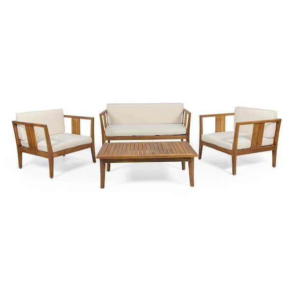 Nicholson Teak Brown 4-Piece Wood Outdoor Patio Conversation Set with Beige Cushions