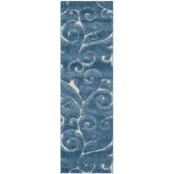 Florida Shag 2 ft. x 19 ft. Light Blue/Cream Scroll Runner Rug