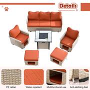 Echo Beige 6-Piece Wicker Outdoor Multi-Functional Patio Conversation Sofa Set with a Fire Pit and Orange Red Cushions