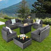 9-Pieces Rattan Dinning Set Wicker Patio Conversation Set w/60000 BTU Propane Fire Pit and Grey Cushions