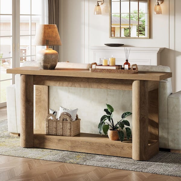 Benjamin 63-Inch Brown Rectangle Wood Behind Sofa Entryway Couch Wall Accent Console Table Home 2-Tier Shelves Modern