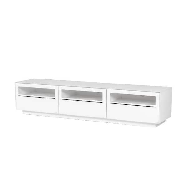 Benjara 84 in. White Wood TV Stand Fits TVs up to 88 in. with 3-Drawers and Glass Fronts