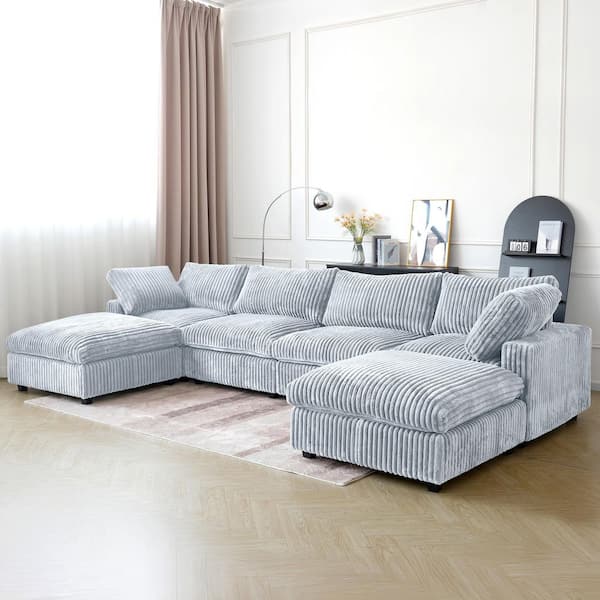 Oversized 157 in. Square Arm Plush Velvet U-Shaped Modular Sofa Lawson Cloud Couch with Ottoman, Washable Covers in Gray