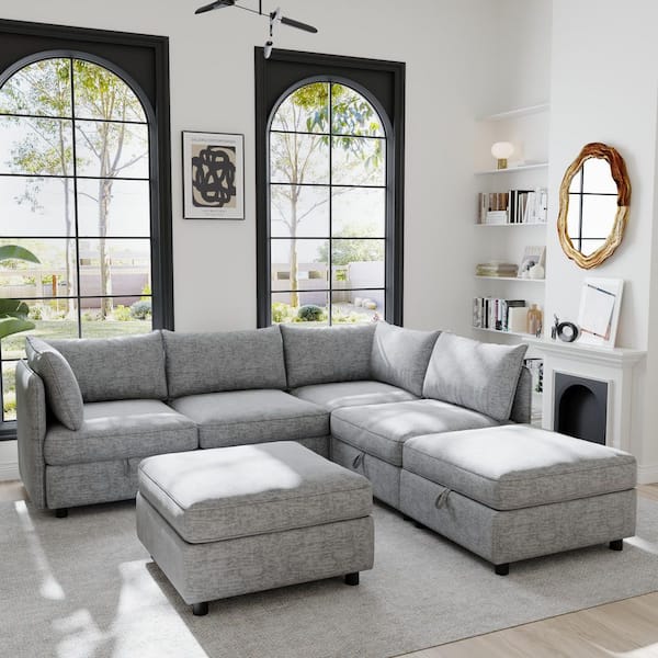 Willow 129 in. Chenille Modular Sectional Sofa in Grey + Black with 2 Storage Ottoman Storage for Small Spaces