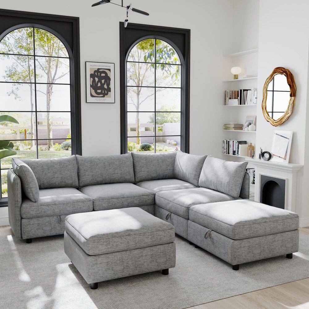 Willow 129 in. Chenille Modular Sectional Sofa in. Grey+Black with 2 Storage Ottoman, Storage for Small Spaces