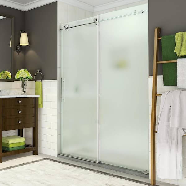Aston Coraline 56 in. to 60 in. x 76 in. Frameless Sliding Shower Door with Frosted Glass in Stainless Steel