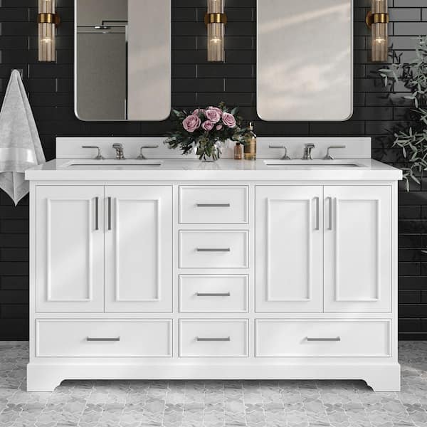 ARIEL Stafford 61 in. W x 22 in. D x 36 in. H Double Sink Freestanding Bath Vanity in White with Pure White Quartz Top
