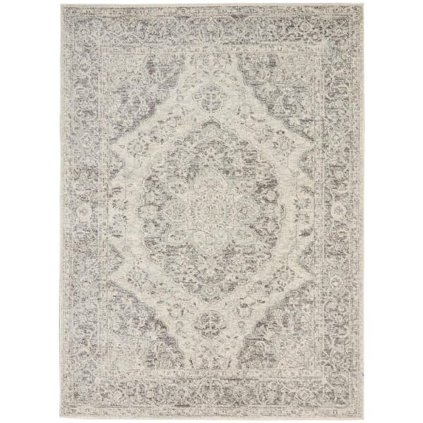 HomeRoots 5 ft. x 7 ft. Ivory And Gray Floral Medallion Distressed Area ...