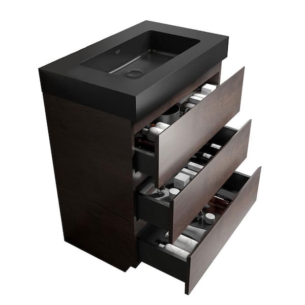 Dimakai 30 in. Single Sink Freestanding Rose Wood Bath Vanity with Black Solid Surface Top Unassembled without Drain and Faucet