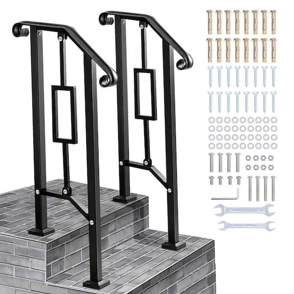 Outdoor Handrails Heavy Duty Double Post Railing Fits 1-2 Steps with Installation Kit for Concrete Porch, Black (2-Pack)